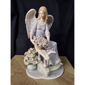 Vintage Porcelain Angel Figurine with Flowers and Dove Lavender Gown Ornament